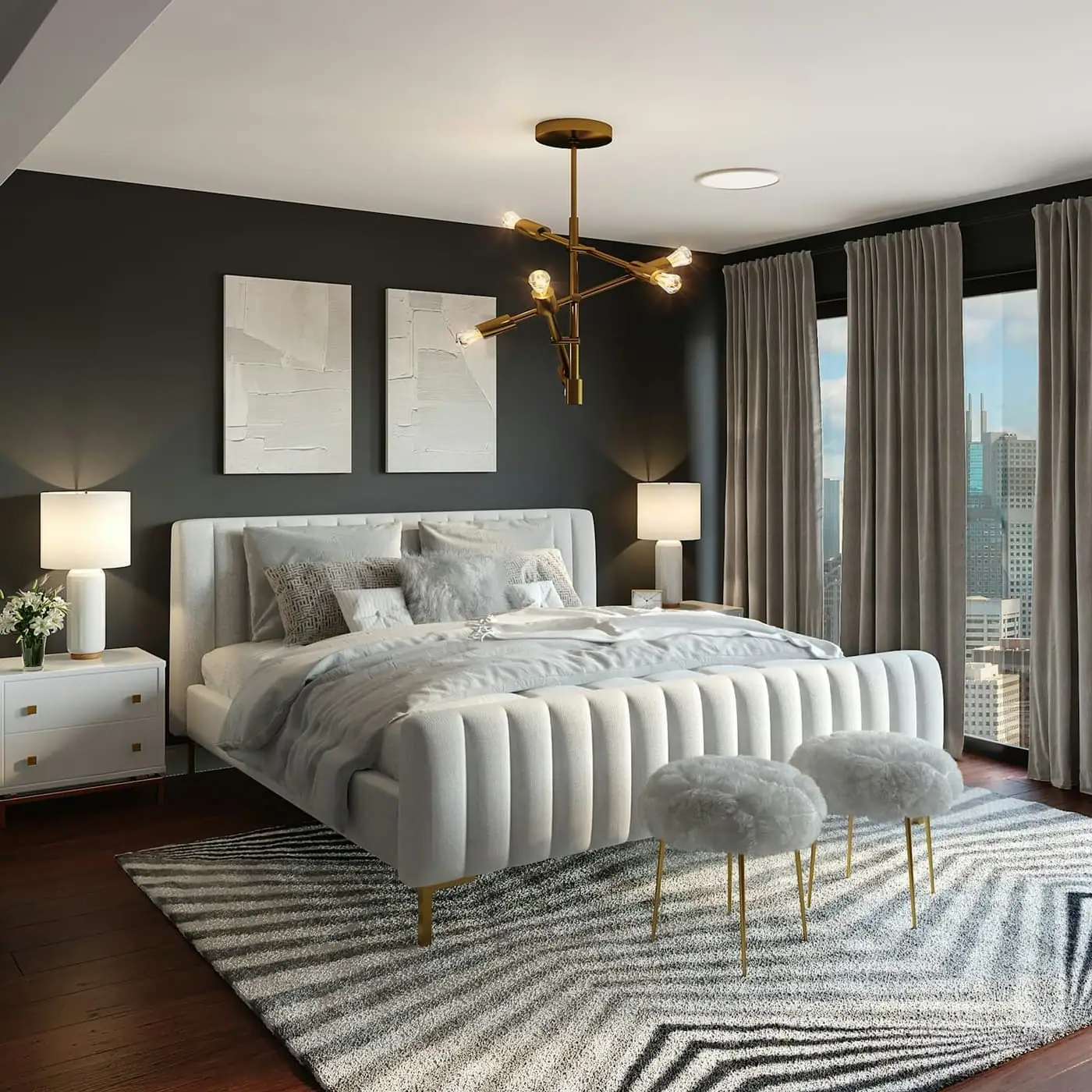 Softly lit bedroom with layered bedding